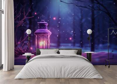  a lantern in the middle of a snowy forest with a bright light shining on the top of the lantern in the middle of the night. Wall mural