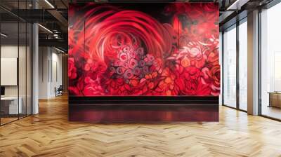  a large red painting on a wall in a room with a wooden floor.  generative ai Wall mural