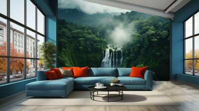  a large waterfall surrounded by lush green trees in a forest.  generative ai Wall mural