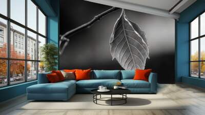  a leaf is hanging from a branch with a black and white background and a blurry background behind it is a branch with a single leaf hanging from a twig, with a thin. , AI Generative AI Wall mural