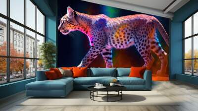  a leopard walking across a stage with a colorful light on it's back end and a black background behind it and a black background with a multi - colored light.  generative ai Wall mural