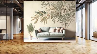  a living room scene with a couch and a wall mural of leaves and berries on the wall and a potted plant on the floor.  generative ai Wall mural