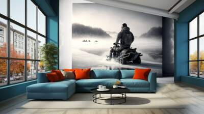  a man riding a motorcycle on a frozen lake in the snow with a forest in the background and a foggy sky above him, with a black and white photo of a man on the.  generative Wall mural