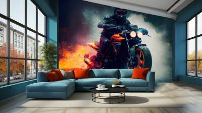  a man riding a motorcycle on a street with a lot of smoke behind him and a lot of orange and blue. Generative AI Wall mural