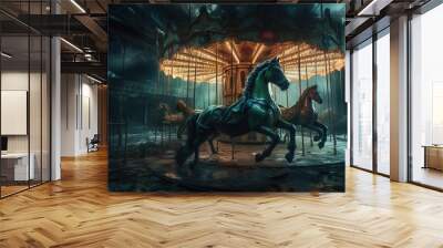  a merry go round with horses in the middle of the night, and a carousel in the background, with lights shining on the ground.  generative ai Wall mural