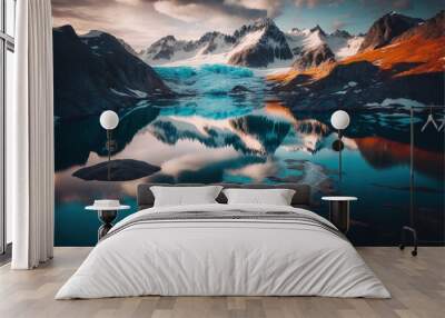  a mountain range with a lake surrounded by snow covered mountains and clouds in the sky with a blue sky. Generative AI Wall mural