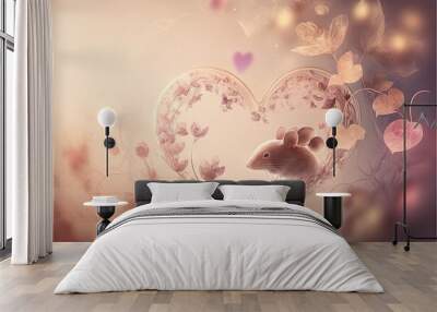  a mouse in a heart shaped frame with flowers and butterflies around it, with a blurry background of butterflies and flowers surrounding it, and a pinkish light - colored b Generative AI Wall mural