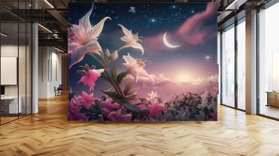  a night scene with flowers and a moon in the sky and stars in the sky and a full moon in the sky and a full moon in the sky.  generative ai Wall mural