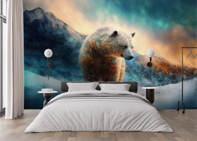  a painting of a bear standing in the snow with mountains in the background and stars in the sky above it, and a blue sky with white and orange and yellow stars, and green. generative ai Wall mural