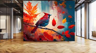  a painting of a bird sitting on a branch with leaves on it's branches and a sky background. generative ai Wall mural