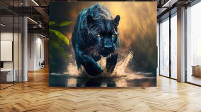  a painting of a black leopard running through water with a green plant in the background and a yellow light shining on the right side of the image. generative ai Wall mural