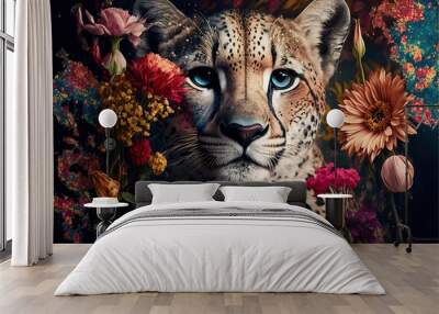  a painting of a cheetah surrounded by wildflowers and other wildflowers, with a blue - eyed, blue - eyed, blue - eyed, black - eyed, leopard - eyed, leopard - like face,.Generative AI  Wall mural