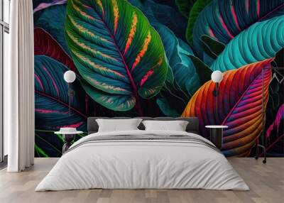  a painting of a colorful tropical plant with leaves on it's sides and a red. generative ai Wall mural