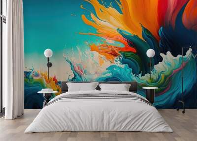  a painting of a colorful wave of water with a blue sky in the background and a yellow and orange swirl. Generative AI Wall mural