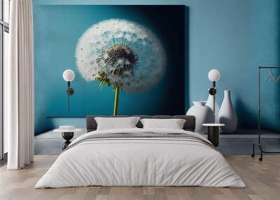  a painting of a dandelion in front of two vases on a table in a blue room with a blue wall behind it.  generative ai Wall mural