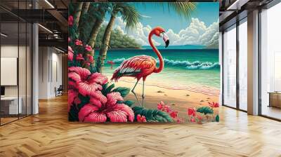  a painting of a flamingo on a beach with flowers and palm trees in the background and a cloudy sky. Generative AI Wall mural