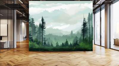  a painting of a forest filled with lots of tall pine trees and a cloudy blue sky above it with white clouds in the distance,.  generative ai Wall mural