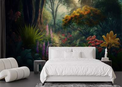  a painting of a forest with flowers and trees in the background and a path leading to a forest with flowers and trees in the foreground, with a foggy sky and sun shining. Generative AI Wall mural