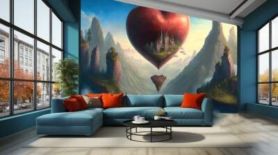  a painting of a heart floating in the air with a castle on top of a mountain in the background with clouds and a river below it, with a castle in the shape of a heart. Generative AI Wall mural