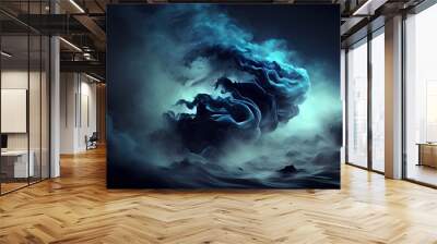  a painting of a horse in the clouds with a blue hued background and a black background with a white horse. Generative AI Wall mural