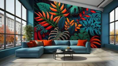  a painting of a jungle scene with tropical leaves and plants on a black background with a red frame and a green and orange leaf. Generative AI Wall mural