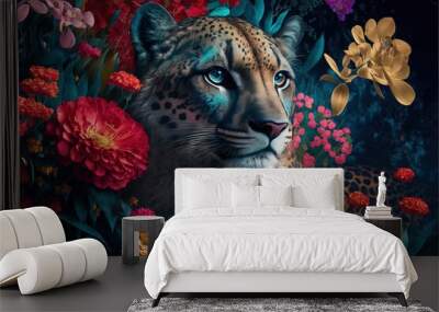  a painting of a leopard surrounded by flowers and flowers on a black background with a blue eyed leopard in the middle of the picture, and a yellow and red flowered, red,. Generative AI Wall mural