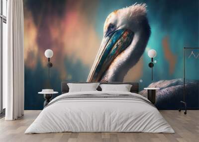  a painting of a pelican with a blue background and a sky background with clouds and stars in the background, with a blue sky with a few clouds and a few stars.  generative ai Wall mural