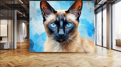  a painting of a siamese cat with a blue background.  generative ai Wall mural