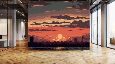  a painting of a sunset over a city with clouds and a sun setting in the distance with buildings in the foreground and a bridge in the foreground with a few clo Generative AI Wall mural