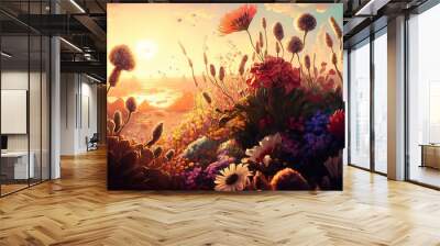  a painting of a sunset over a field of flowers and plants with a bird flying over the horizon in the distance, with a body of water in the background, and a bird,. Generative AI Wall mural