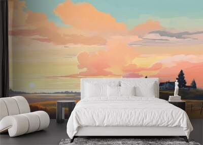  a painting of a sunset over a field with a house in the distance and a fence in the foreground with a fence in the foreground.  generative ai Wall mural