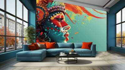  a painting of a woman wearing a colorful headdress with feathers on her head and a feathered headdress on her face. Wall mural