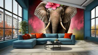  a painting of an elephant with a pink flower on its head and tusks on its tusks, with a red background of green grass and yellow and pink, and yellow. generative ai Wall mural