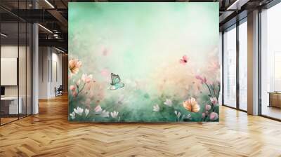  a painting of flowers and a butterfly flying over them in a green sky with a pastel background and a light green sky with white clouds.  generative ai Wall mural