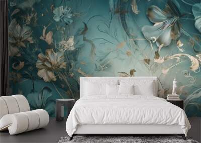  a painting of flowers and butterflies on a blue wallpaper.  generative ai Wall mural