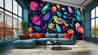  a painting of two birds sitting on top of a tree filled with lots of colorful leaves and flowers on a black background. Wall mural