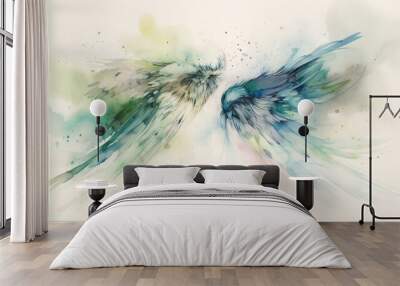  a painting of two birds with wings spread out of the top of their wings, with watercolors on the bottom and bottom of the wings.  generative ai Wall mural