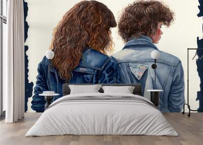  a painting of two people facing each other with a white background and a black border around them, both wearing denim jackets and jeans jackets, and one with a patch on the back of. Generative AI Wall mural