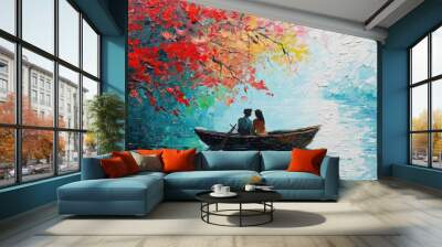  a painting of two people in a boat on a body of water with a tree with red leaves in the foreground and a blue sky with white clouds in the background. Wall mural