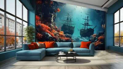  a painting of two ships in a deep blue sea surrounded by corals.  generative ai Wall mural