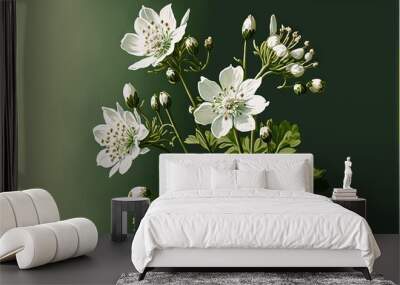  a painting of white flowers with green leaves on a dark green and green background with a white border around the edges of the image is a green background.  generative ai Wall mural