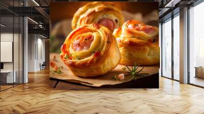  a pastry with ham and cheese on it on a piece of paper with a sprig of rosemary. generative ai Wall mural