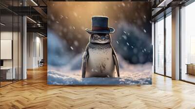  a penguin wearing a top hat and standing in the middle of a snow covered field with snow falling all around it and the penguin is wearing a top hat.  generative ai Wall mural