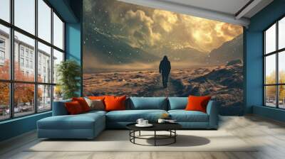  a person standing on a path in the middle of a field with a sky full of stars in the background. Wall mural