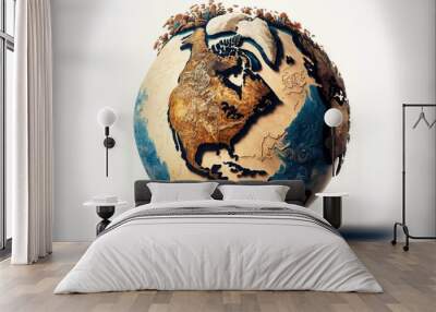  a picture of a globe with a bird on it's head and a lot of birds on it's back, and a white background with a light shadow and a gray background. Generative AI Wall mural