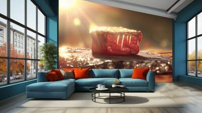  a piece of meat sitting on top of a piece of foil on a table with a bright light behind it Generative AI Wall mural