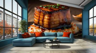  a piece of meat with sauce on top of rice on a plate with a bowl of rice in the background and a bowl of sauce on the side.  generative ai Wall mural