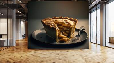  a piece of pie on a plate with a fork and knife on the plate next to it is a fork and a fork on the plate is half eaten pie with a fork on the plate. generative ai Wall mural