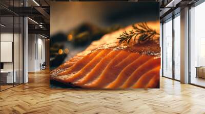  a piece of salmon with a sprig of rosemary on top of it and olives on the side. Generative AI Wall mural