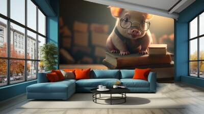  a pig with glasses sitting on top of a stack of books on a table next to a stack of books with stacks of books behind it and a blurry background of books behind it.  generative Wall mural